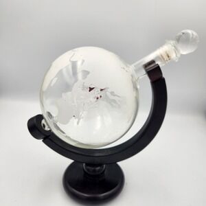 Kemstood Whiskey  Decanter With Etched‎ World Globe With Glass Ship Inside.